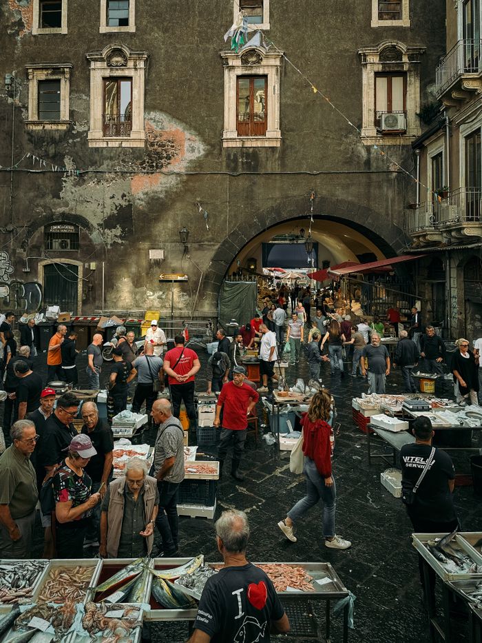 Bustling outdoor fish market in Catania, Sicily with locals shopping and socializing under historic architecture.